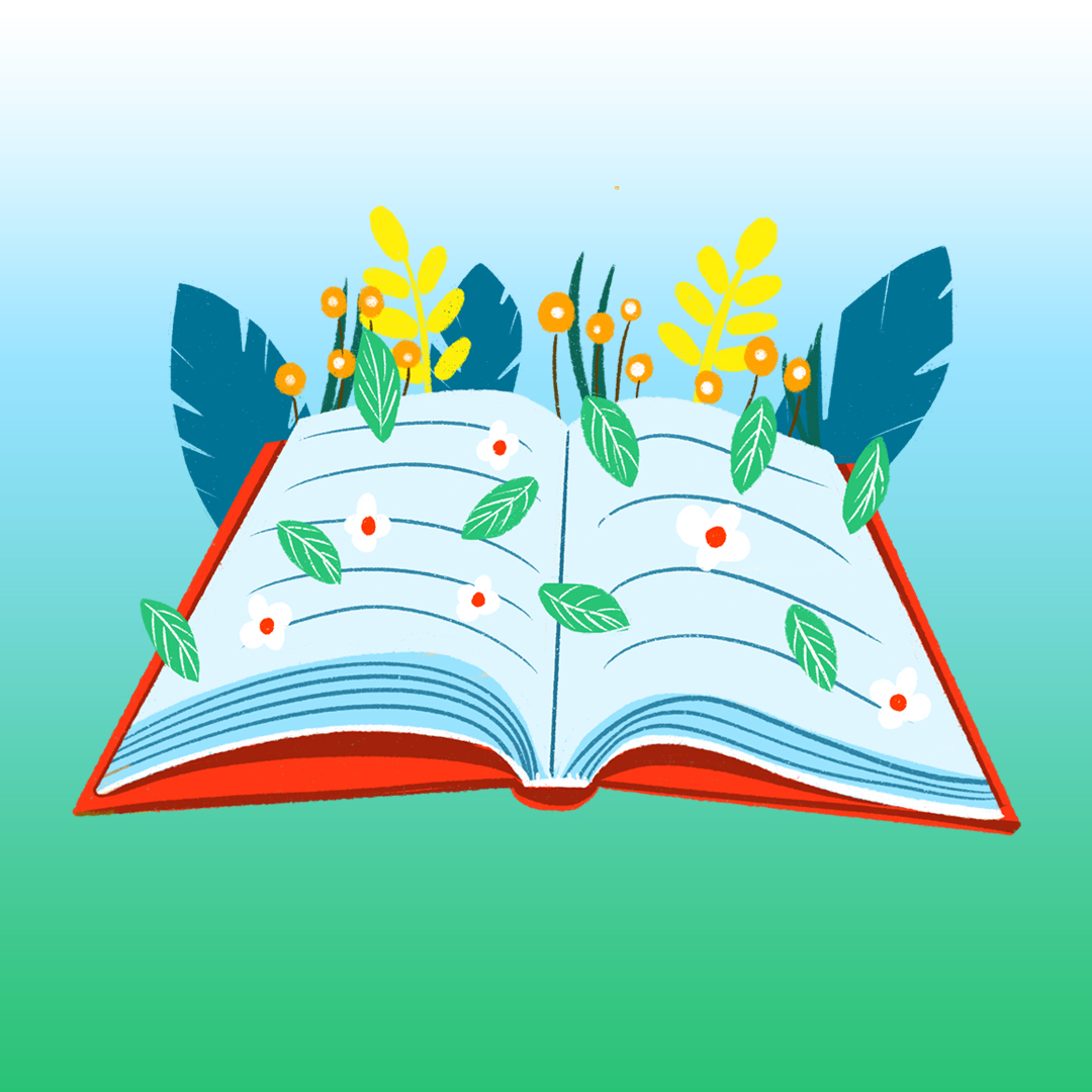 open book with plants and flowers inside