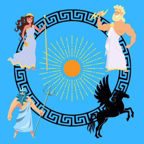 greek gods and goddesses, a pegasus, the sun, greek pattern