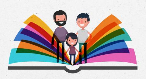 two dads, a child, and a rainbow book