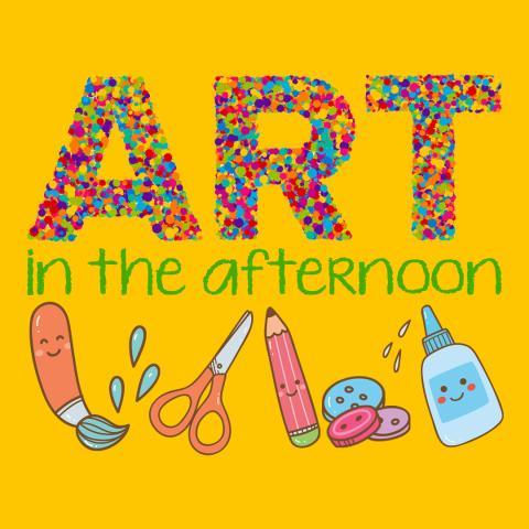 The word "ART" spelled in colorful font, with cartoon art supplies below