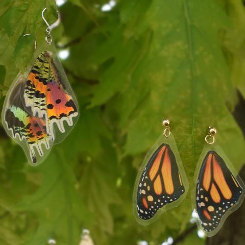 Butterfly wing earrings hanging from leaves
