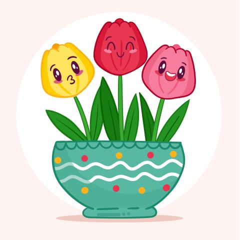 Yellow and pink cartoon tulips in a turquoise pot