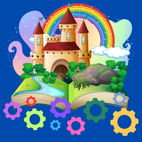 storybook castle with colorful mechanical gears 