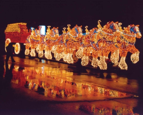 parade float of a team of horses in twinkle lights