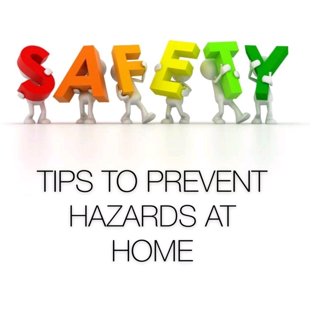 "Safety" spelled out with faceless figures of white holding up rainbow colored letters. "Tips to Prevent Hazards at Home," written below.