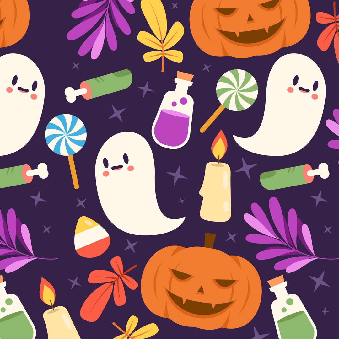 collage of ghosts, pumpkins, and leaves on a purple background